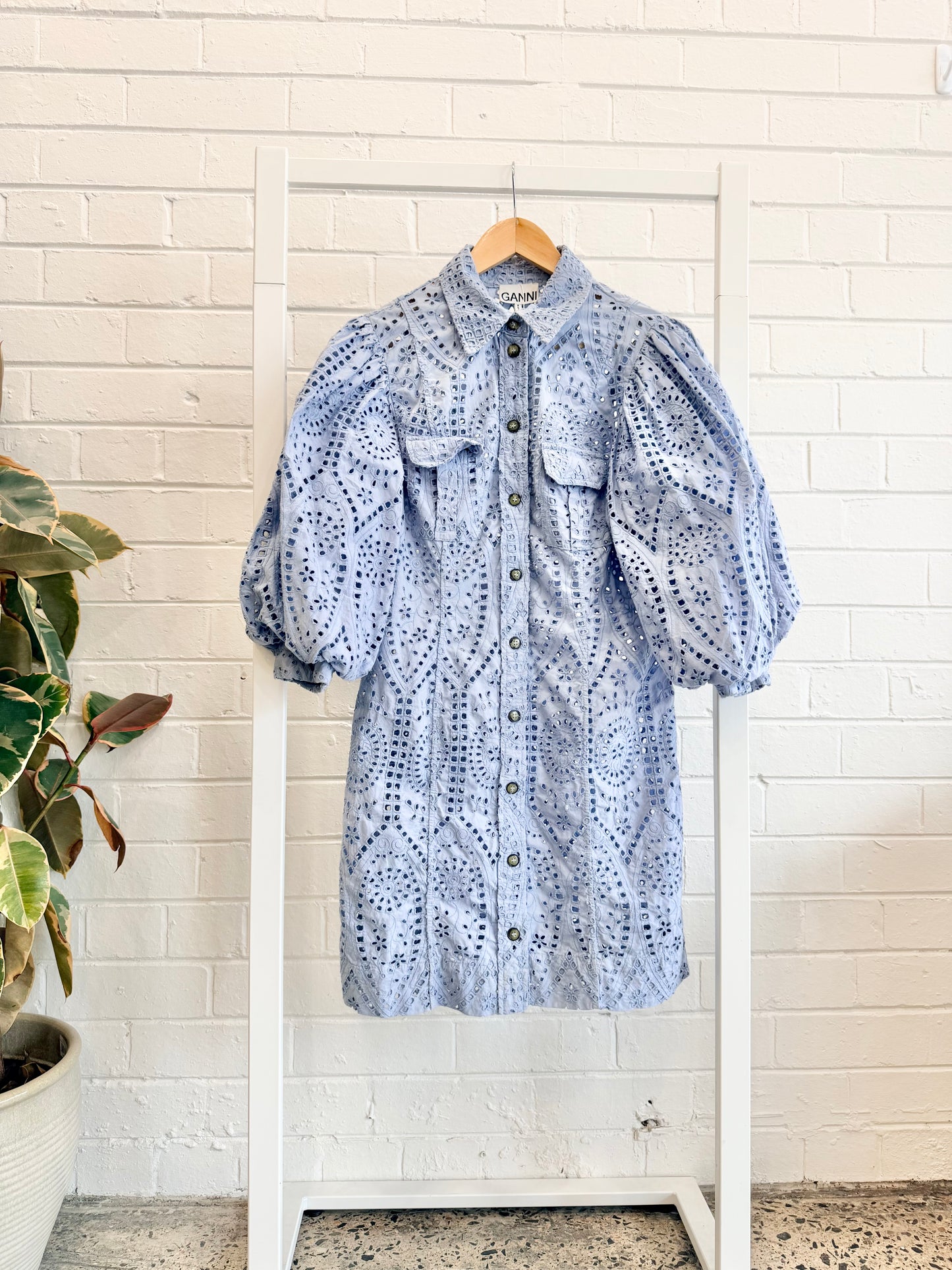 Ganni Blue Broderie Anglaise Balloon Sleeve Mini Shirt Dress - Size 8