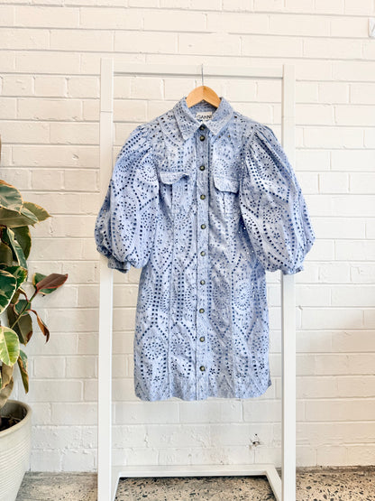 Ganni Blue Broderie Anglaise Balloon Sleeve Mini Shirt Dress - Size 8