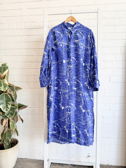 Oroton Blue Silk Map Print Midi Dress - Size 14