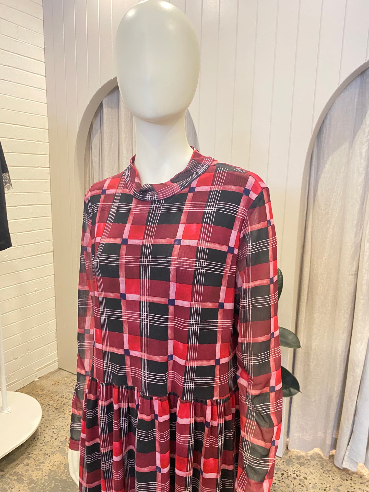 Kuwaii Burgundy Plaid Midi Dress - Size 14