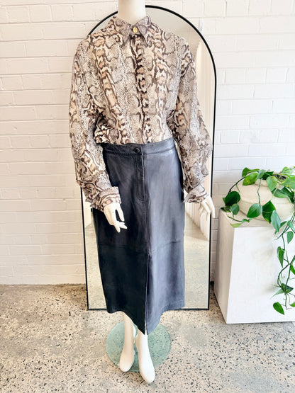 BINNY Leather Midi Skirt in Navy - Size 10 - Pre-Loved Geelong