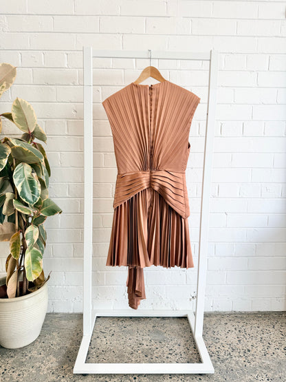 Acler Bronze Mossburn Pleated Satin Dress - Size 8