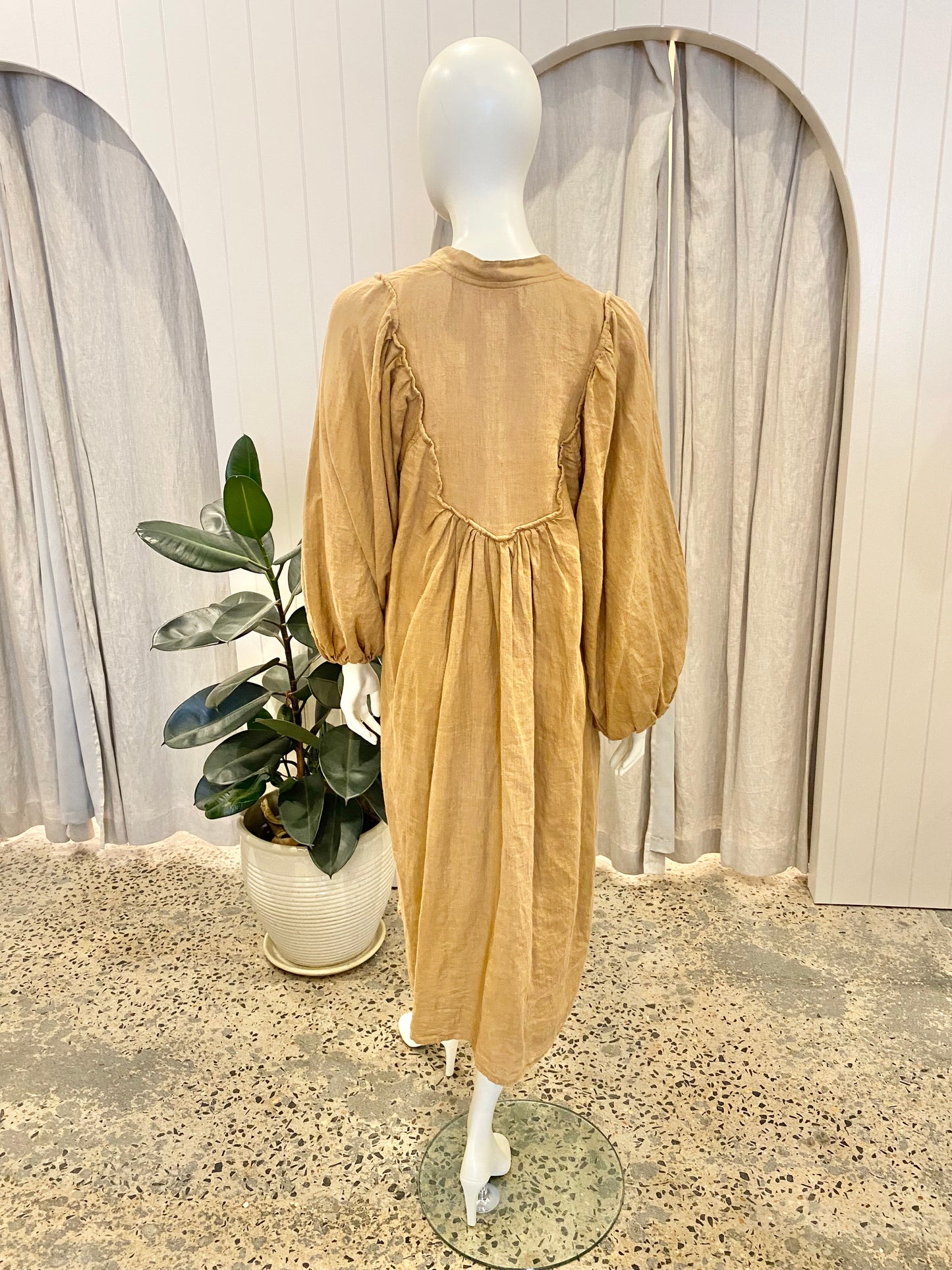 Kinga Csillia Tan Linen Midi Dress - Size 2 (10-12)