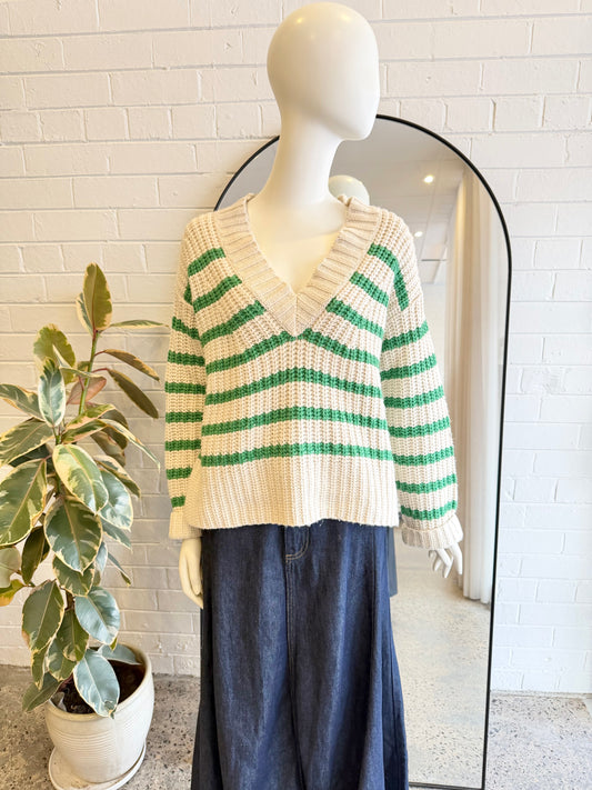 Munthe Cream and Green Organize Striped Oversized Jumper - Size 36 (8)
