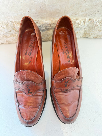 Yves Saint Laurent Vintage Brown Leather Heeled Loafer - Size 37.5