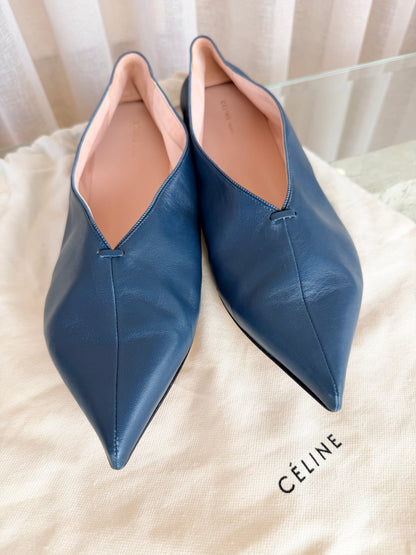 Celine Petrol Blue Babouche Pointed Ballerina Flats - Size 40