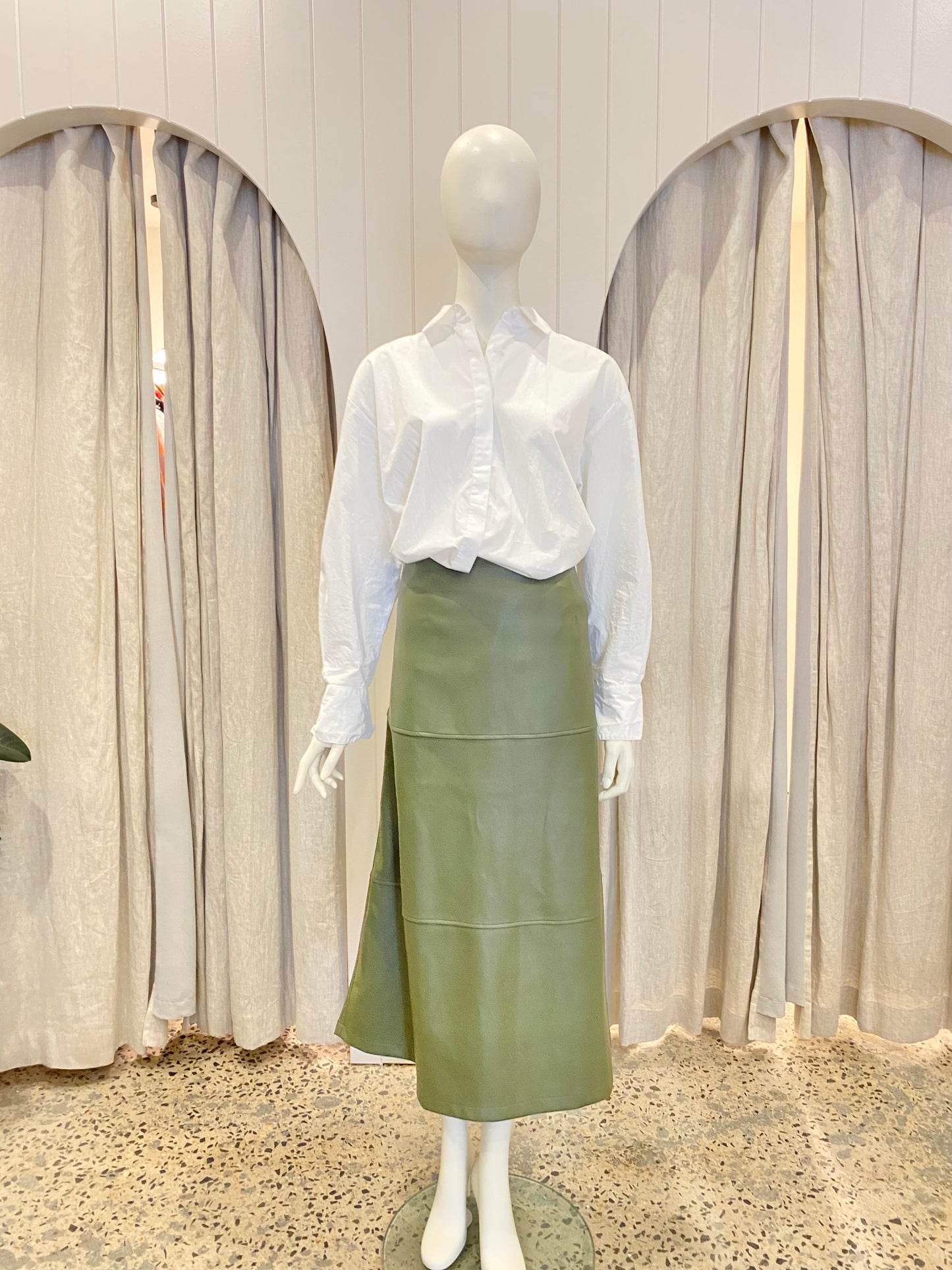 Serafina Vegan Leather Midi Skirt in Olive - Size 14