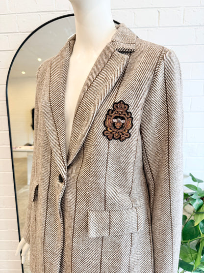 Urban Luxury Brown Wool Blend Herringbone Blazer - Size S (10)