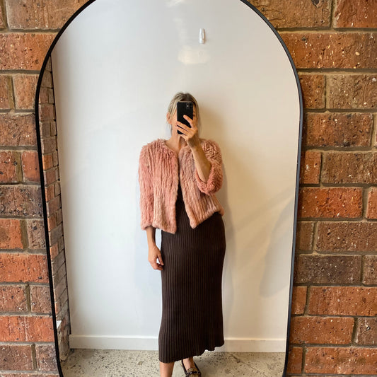 Pink Rabbit Fur Cropped Jacket - Size 8-12