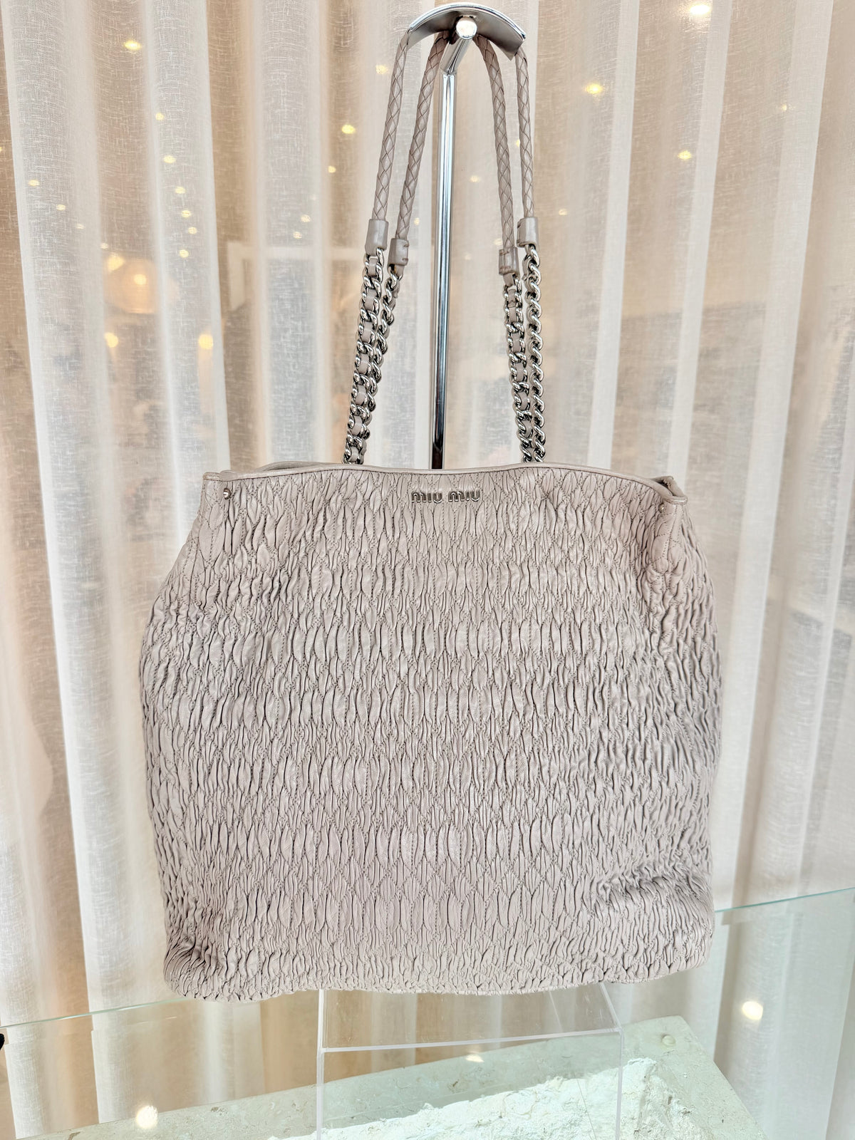Miu Miu Grey Nappa Matelasse Shopper Tote