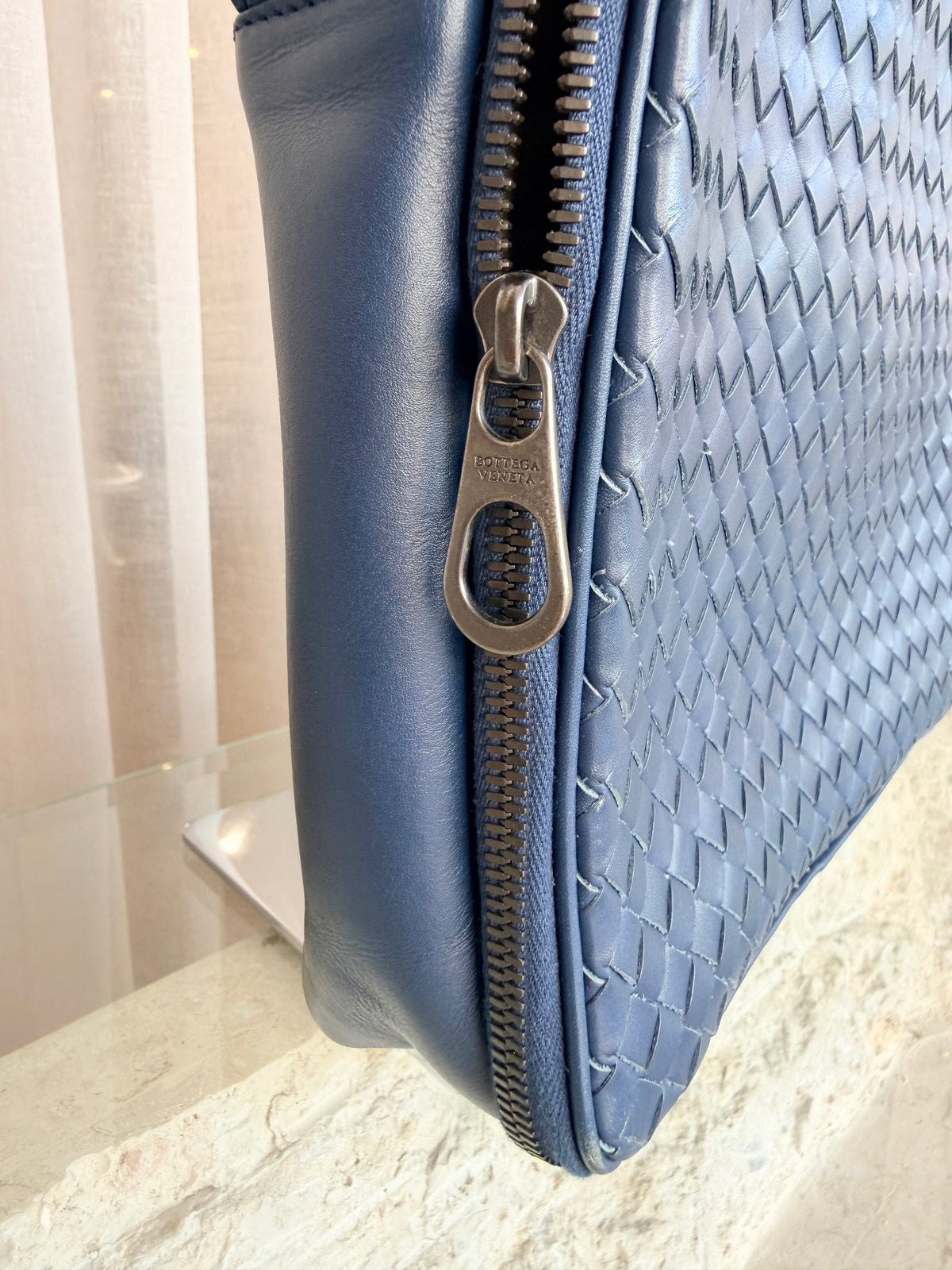 Bottega Veneta Navy Intrecciato Leather Messenger Bag
