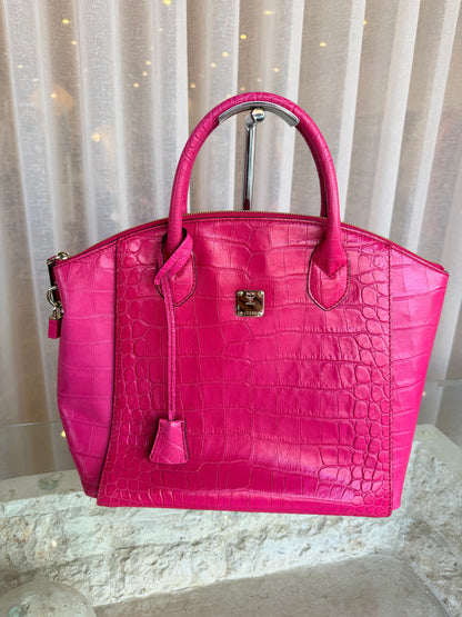 MCM Hot Pink Munchen Crocodile Embossed Leather Satchel Bag