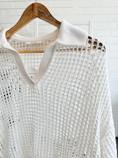 Morrison White Cropped Crochet Polo Top - Size 1 - 2 (10)