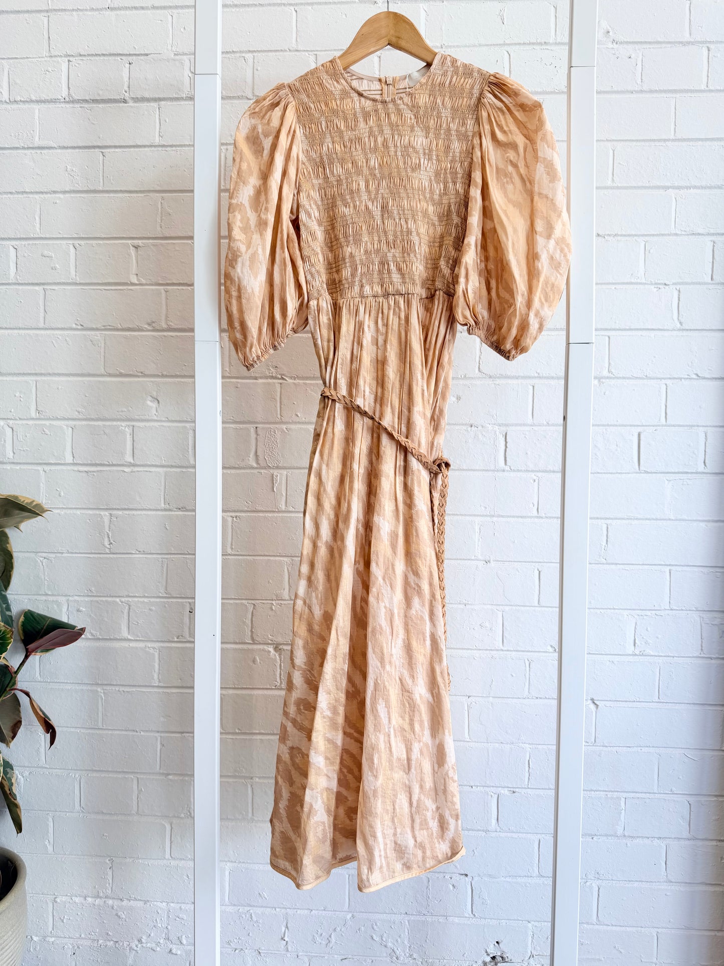 Zimmermann 'Concert' Shirred Bodice Midi Dress in Pale Leopard - Size 1 (10)