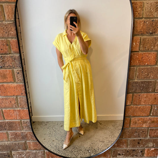 Country Road Linen Tuck Detail Midi Dress in Lemon - Size 12