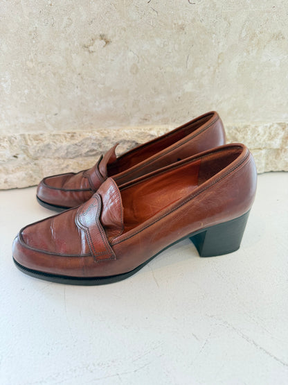 Yves Saint Laurent Vintage Brown Leather Heeled Loafer - Size 37.5