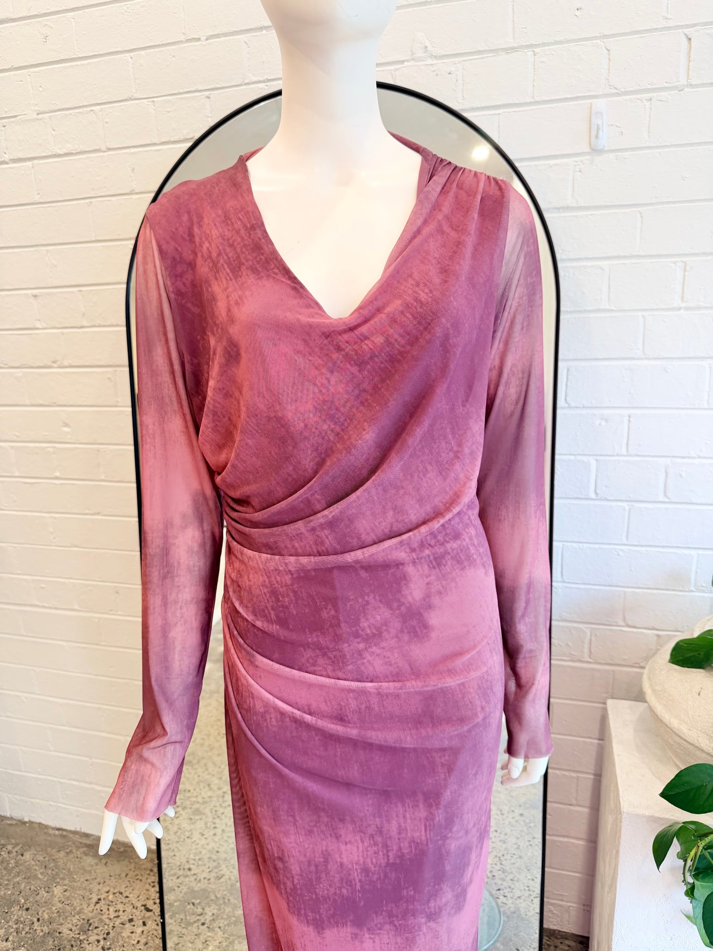 ZARA Mesh V Neck Maxi Dress in Burgundy - Size XL (14)