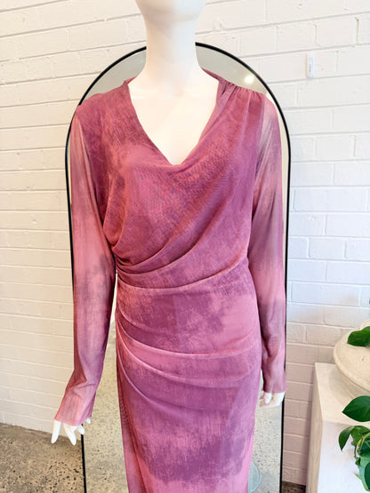 ZARA Mesh V Neck Maxi Dress in Burgundy - Size XL (14)