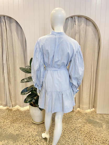 Shona Joy Blue Ella Balloon Sleeve Shirt Mini Dress - Size 10