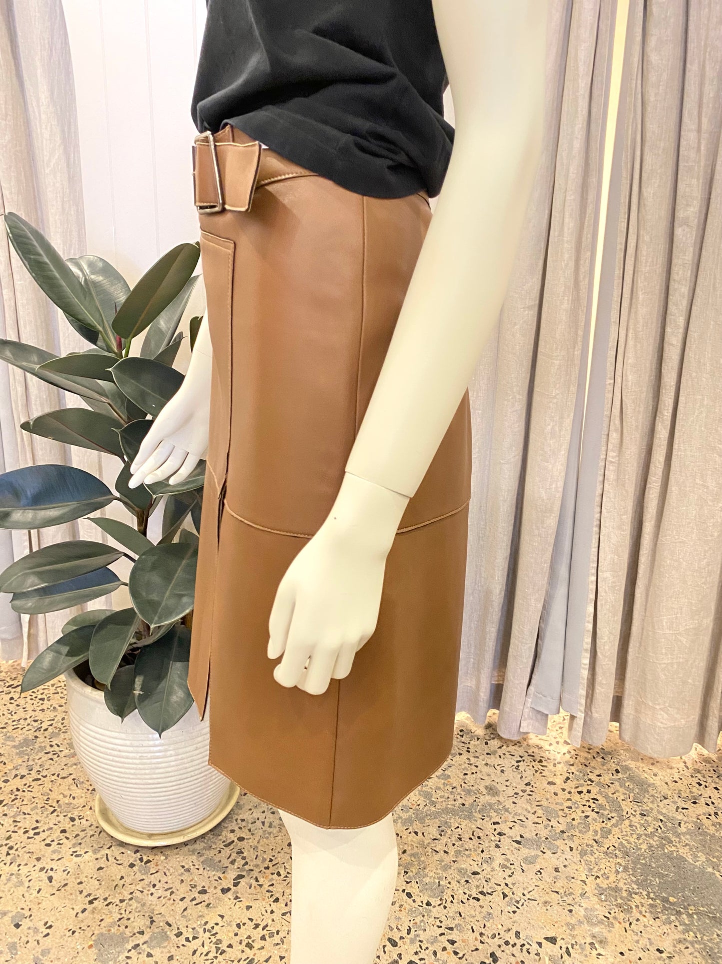 Korean Leather Midi Skirt in Tan - Size 10