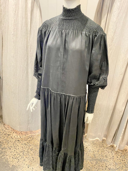 Joslin Lucianna Linen Smock Dress in Black - Size 8
