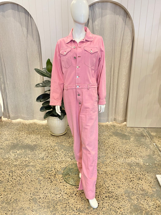 Ganni Denim Boilersuit in Pink - Size 12