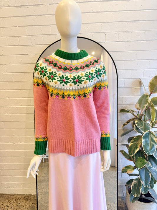 Boden Embellished Fair Isle Jumper in Pink & Green - Size 12