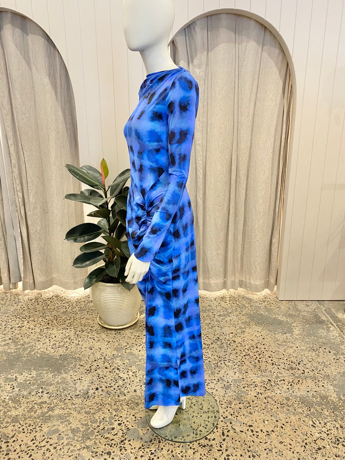 Suboo Blue Shibori Long Sleeve Rushed Maxi Dress - Size M