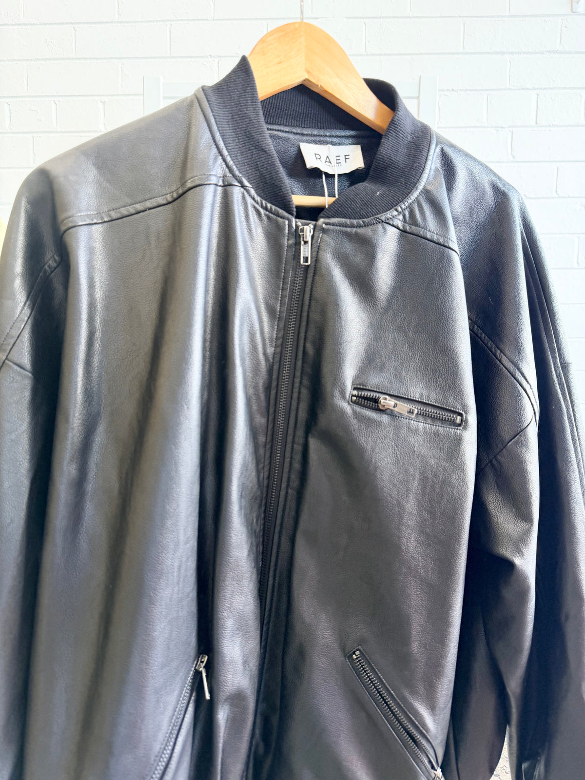 Raef Black Faux Leather Bomber Jacket - Size L (10 - 12)