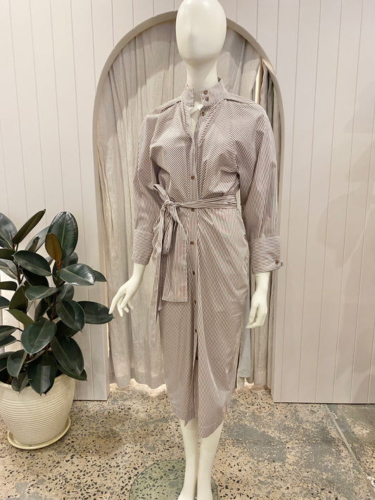 Husk Stripe Shirt Dress in Tan/White - Size 8