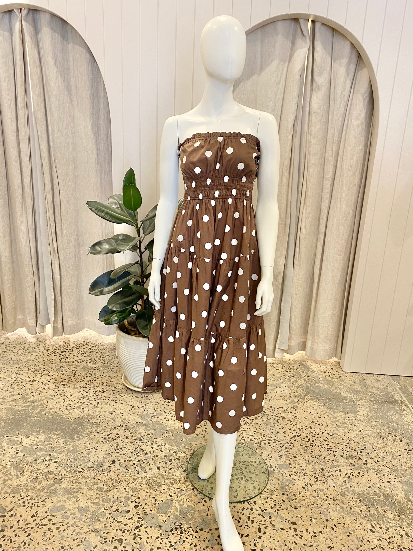 Kivari Brown Polka Dot Strapless Midi Dress - Size 12