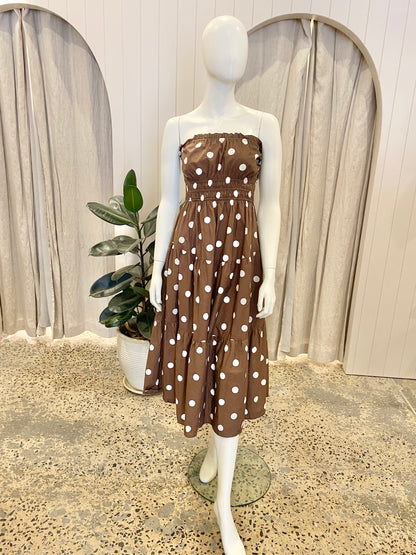 Kivari Brown Polka Dot Strapless Midi Dress - Size 12