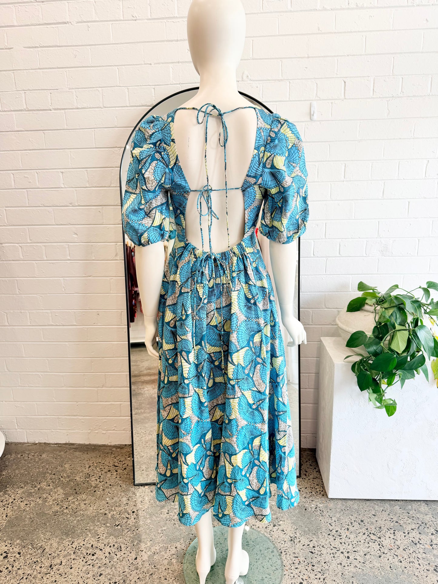 The Story of Us Blue and Green Backless Linen Maxi Dress - Size 8