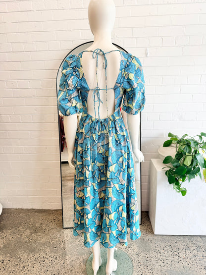 The Story of Us Blue and Green Backless Linen Maxi Dress - Size 8