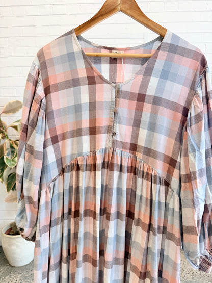 Opia Plaid Tiered Maxi Dress - Blush Multi - Size M/L