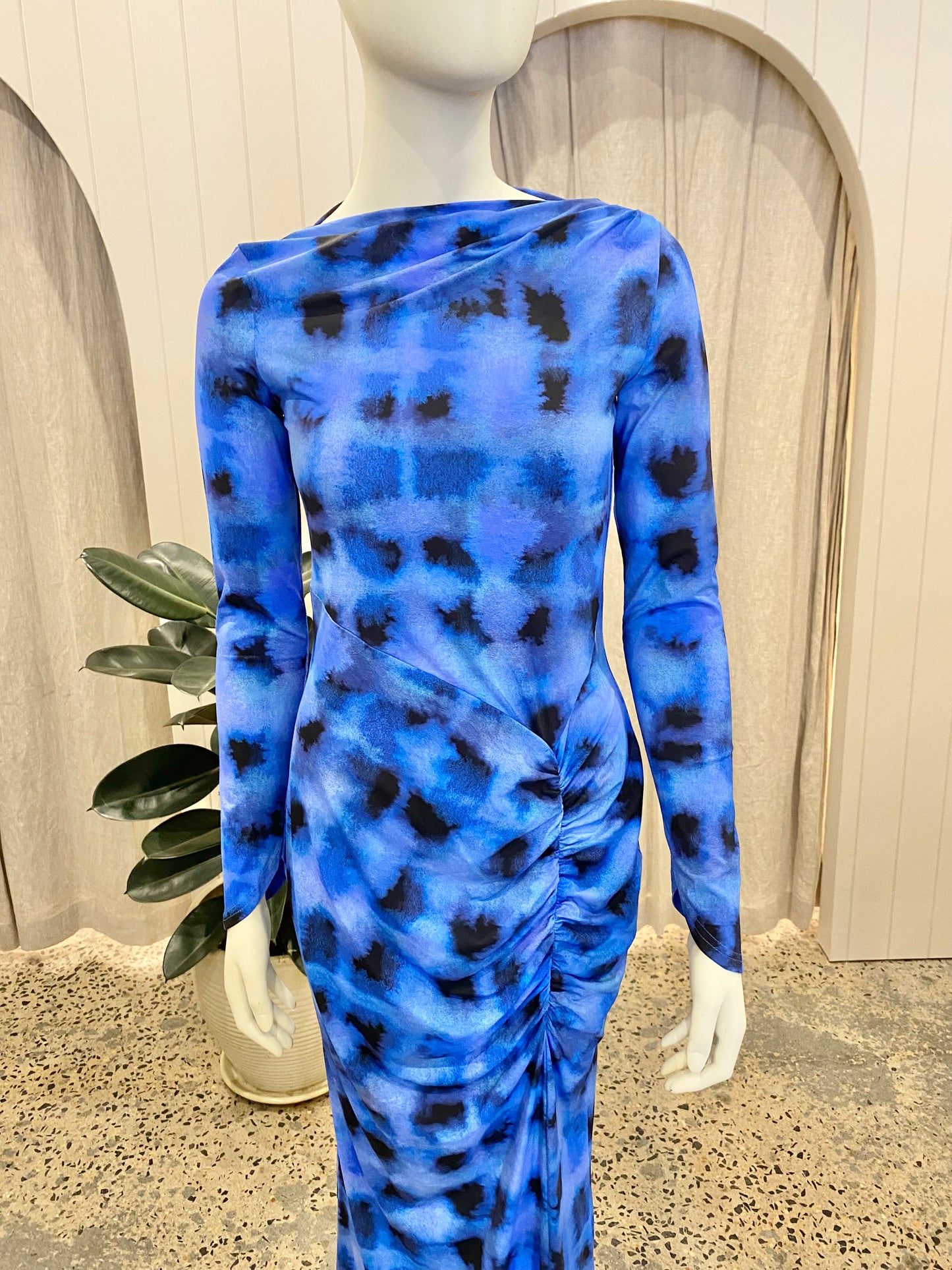 Suboo Blue Shibori Long Sleeve Rushed Maxi Dress - Size M