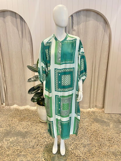 Oroton Bandana Print in Green Midi Dress - Size 16