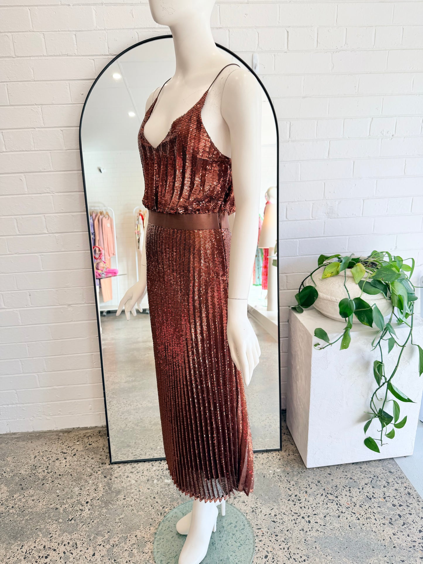 Flannel Copper Sequin Pices Cami Midi Dress - Size 1 (8) - Pre-Loved Geelong