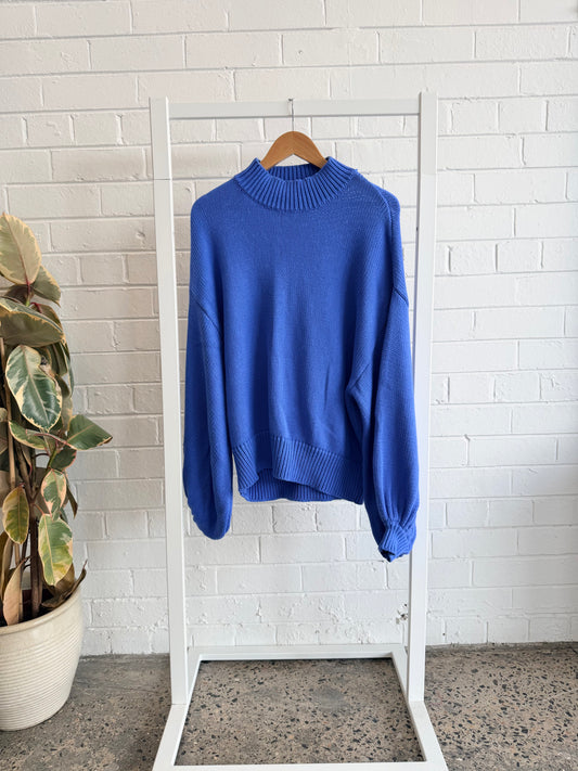 La Boheme Royal Blue Ribbed Mock Neck Jumper - Size M/L (12 - 14)