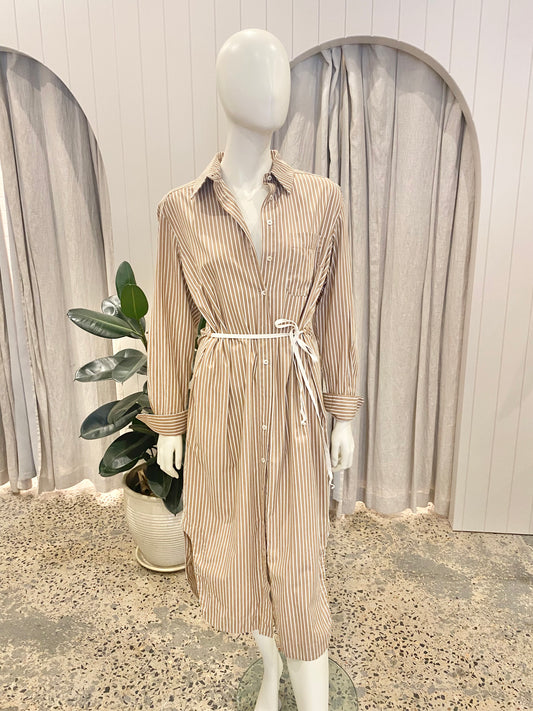Friends With Frank 'Vivienne' Shirtdress in Camel/White Stripe - Size Small (8-12)