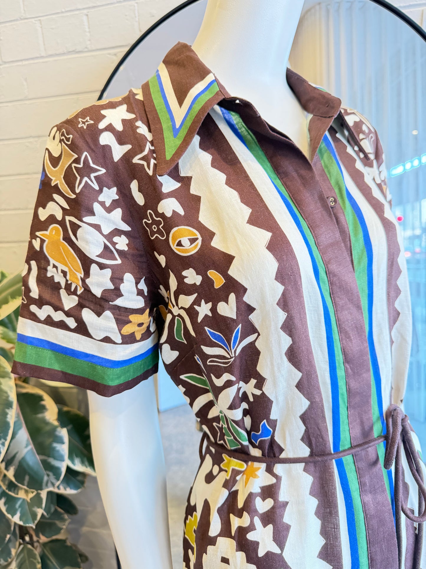 Alemais Brown Maroc Printed Linen Shirt Dress - Size 12