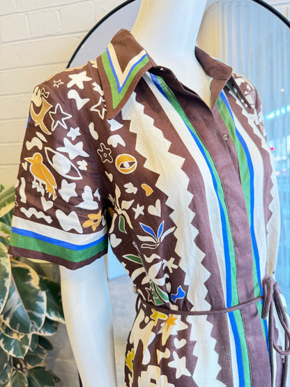 Alemais Brown Maroc Printed Linen Shirt Dress - Size 12