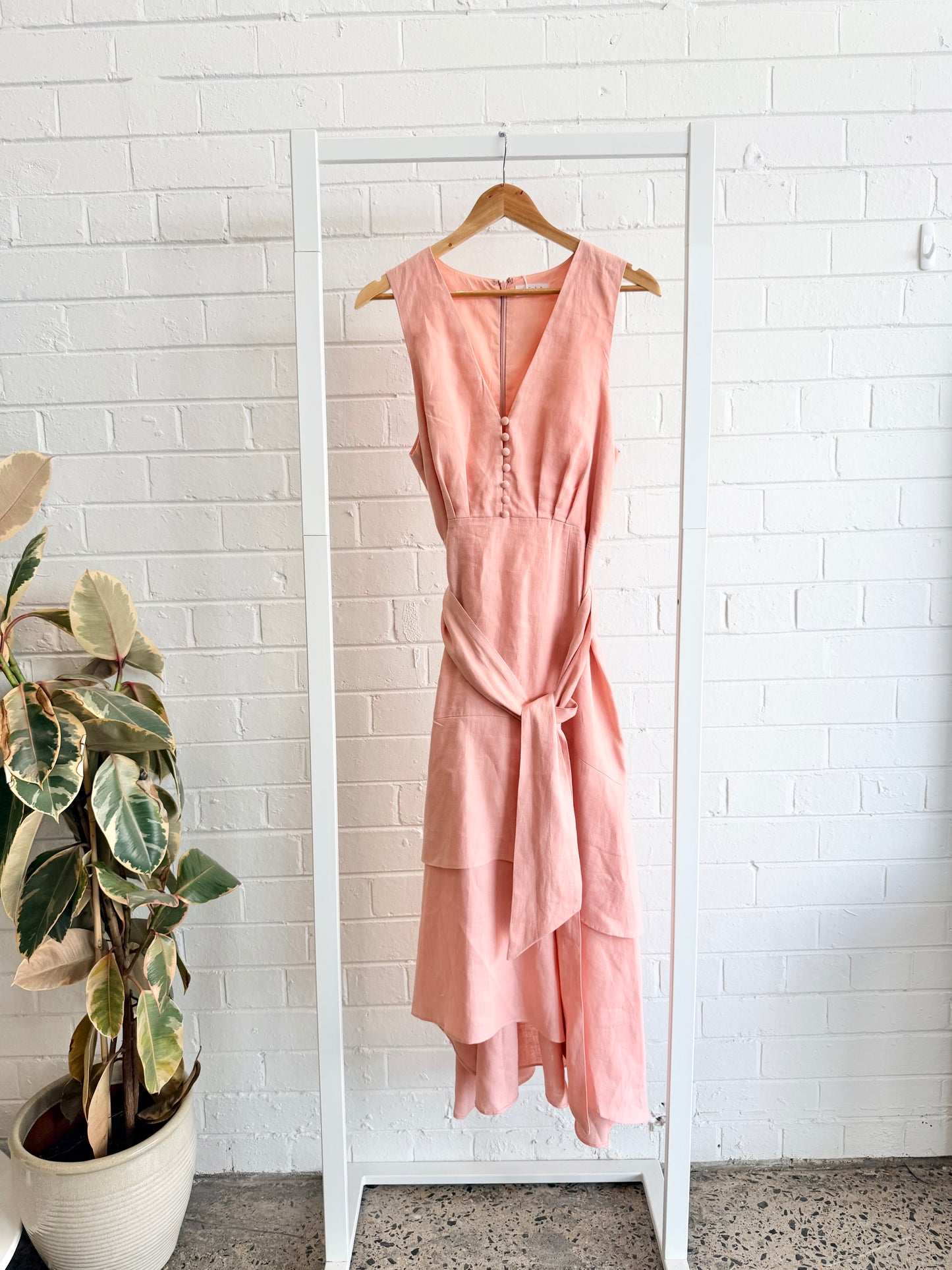 Aere Rose Pink Linen Layered Midi Dress - Size 12