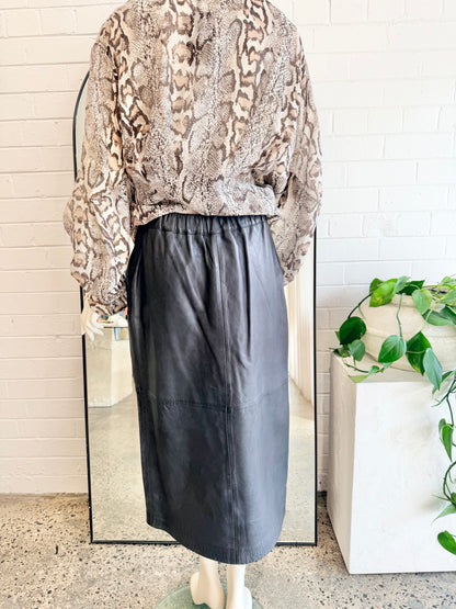 BINNY Leather Midi Skirt in Navy - Size 10 - Pre-Loved Geelong