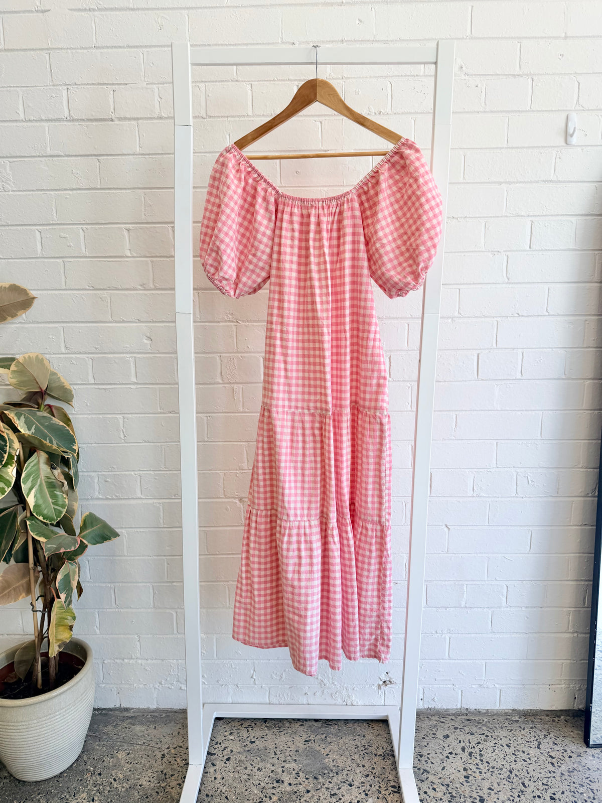 Handmade Pink Gingham Puff Sleeve Maxi Dress - Size 10-12