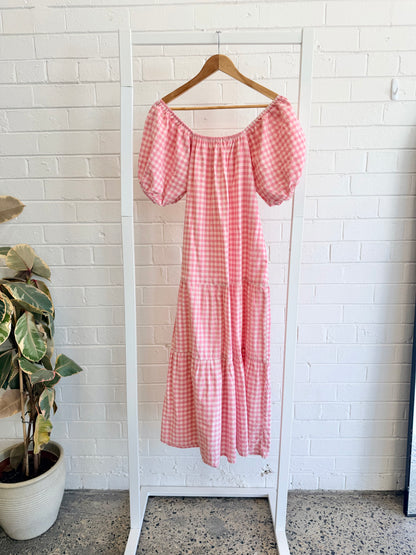 Handmade Pink Gingham Puff Sleeve Maxi Dress - Size 10-12