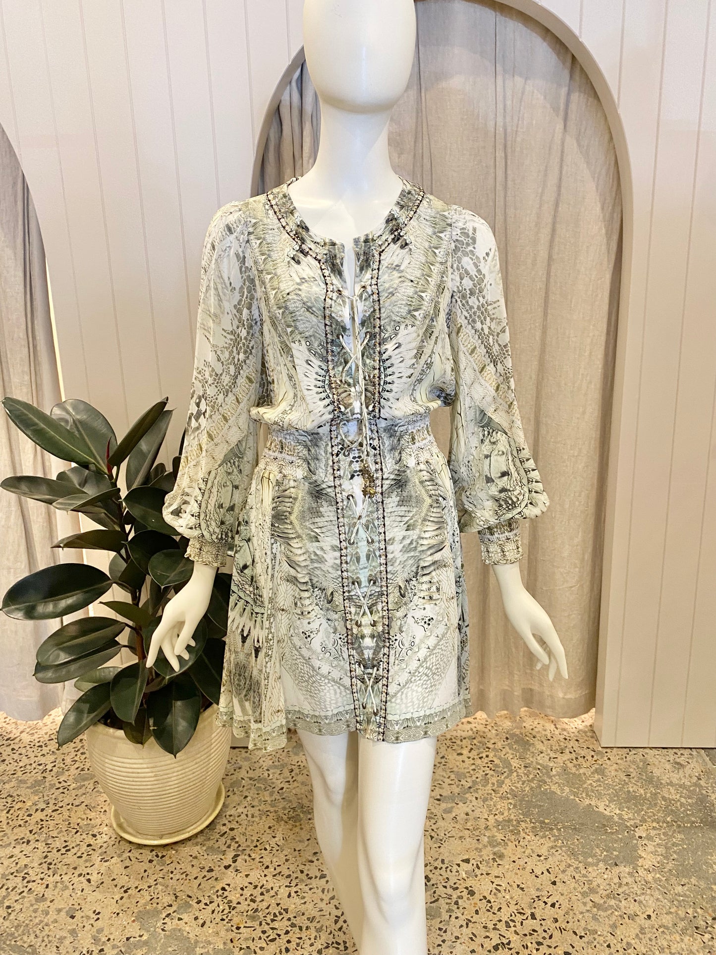 Camilla Lace Up Shirred Waist Dress 'Daintree Dreaming' - Size XS (6/8)