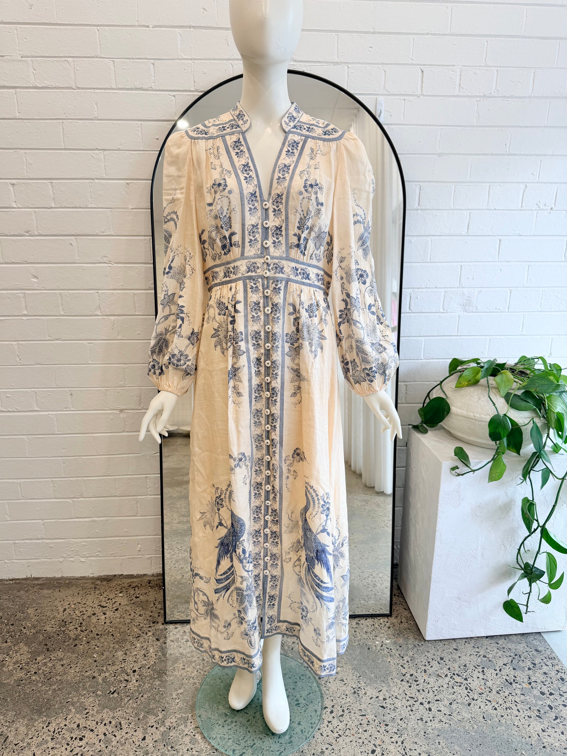 Zimmermann Cream and Blue Lucky Plunge Midi Dress - Size 3 (12) - Pre-Loved Geelong