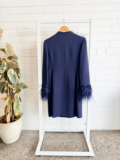 Carla Zampatti Navy Feather Trim Jacket Dress - Size 10
