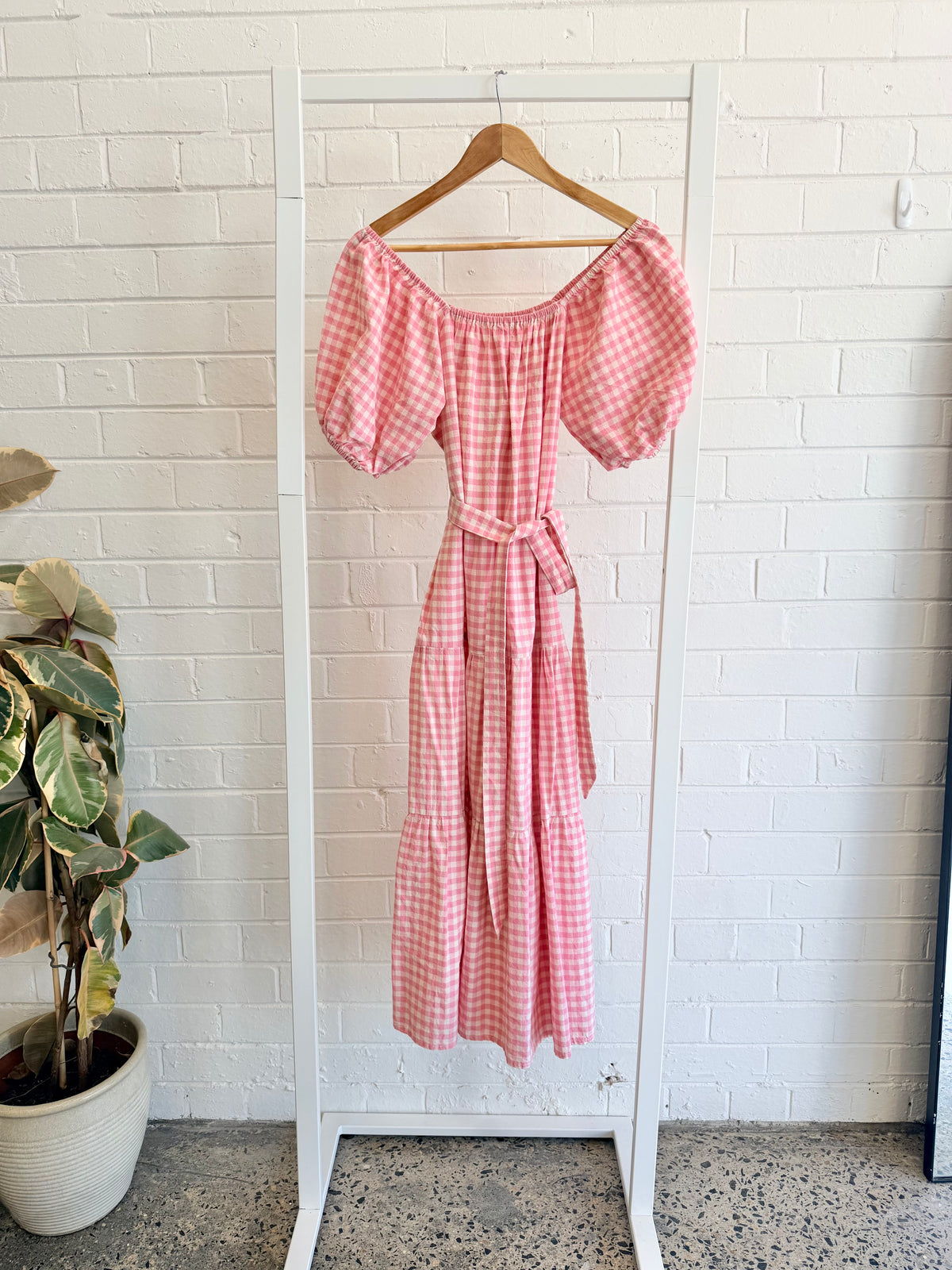 Handmade Pink Gingham Puff Sleeve Maxi Dress - Size 10-12